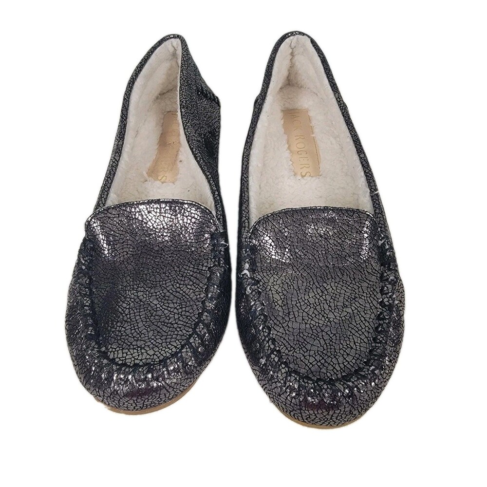 Jack rogers Millie sherpa lined leather moccasins sz 7.5 dark gry metallic